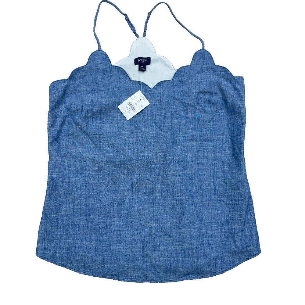 J Crew Chambray Scalloped Cami Tank Top Womens Size 4 Adjustable Strap Blue